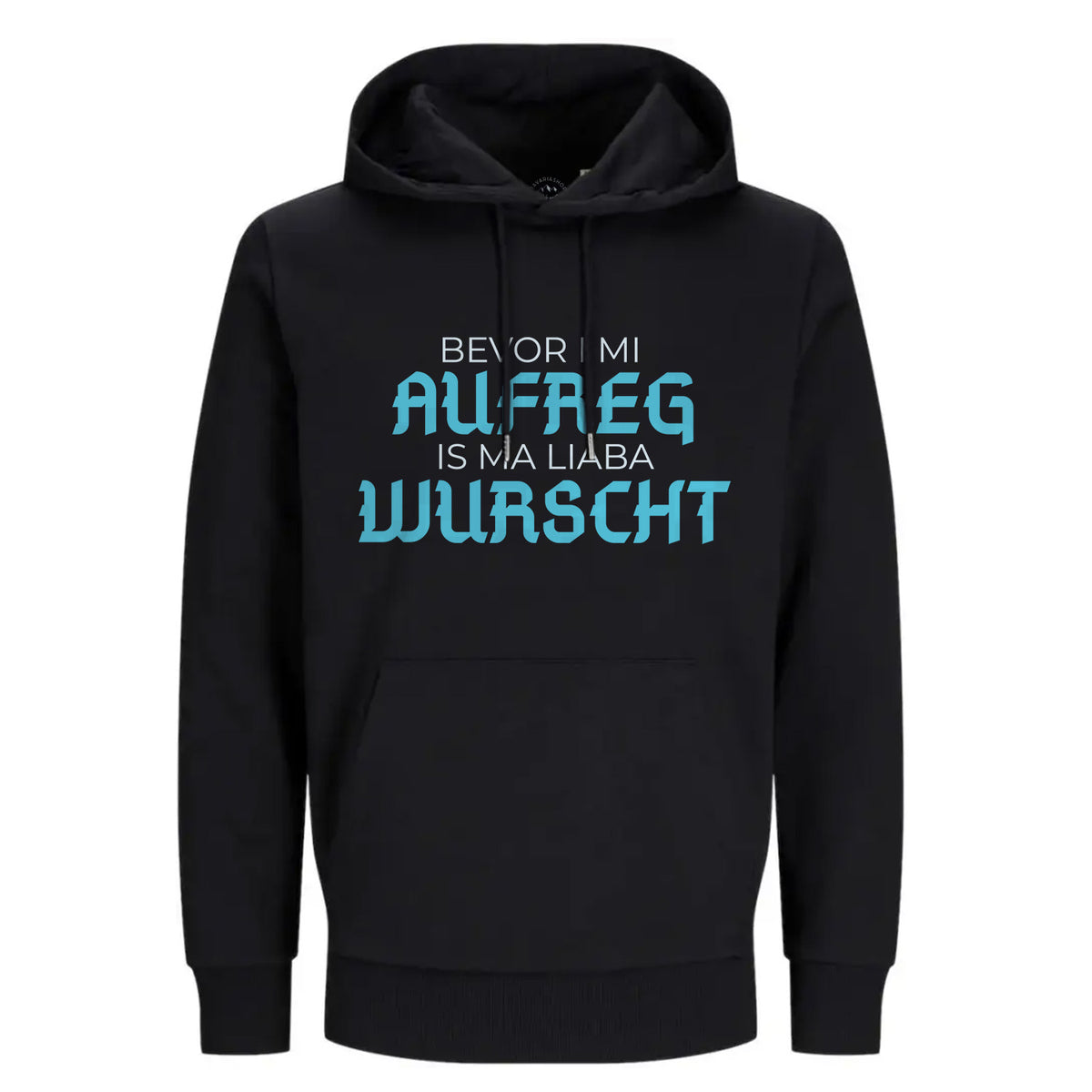 Schwarzer "Bevor i mi aufreg..." Hoodie mit blauem Spruch-Print, Kapuze und Bauchtasche.