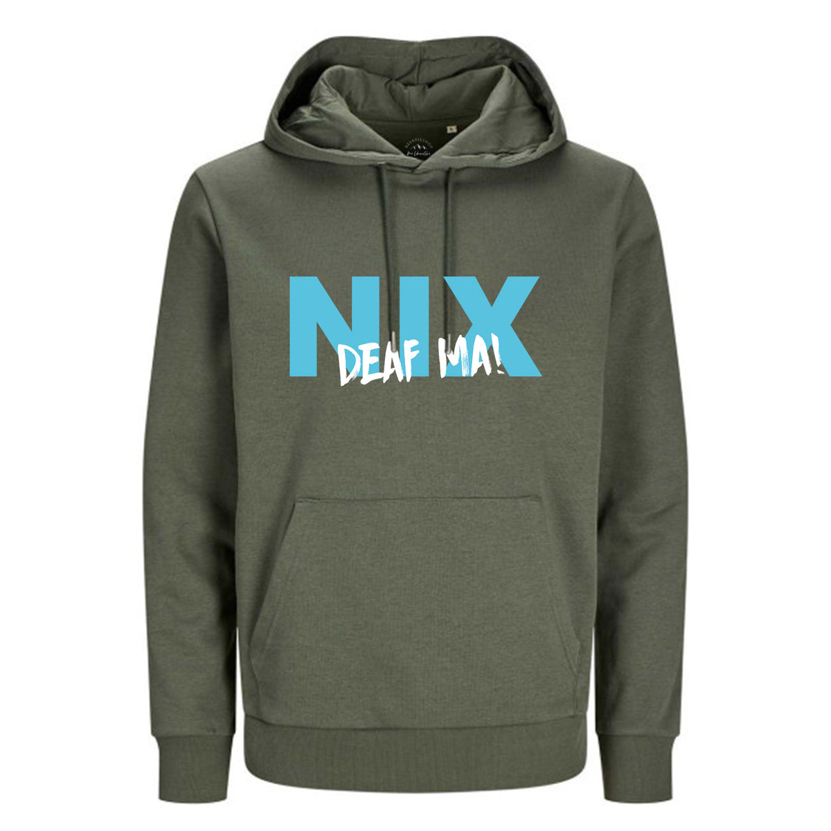 Grüner Hoodie Nix deaf ma mit blauem Schriftzug und weißer Kontur. Kapuzenpullover mit Kängurutasche.