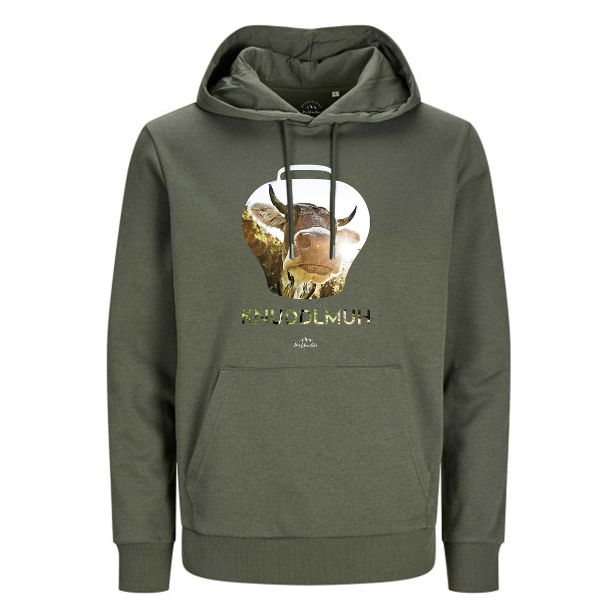 Khakifarbener Hoodie Knuddlmuh mit stilisiertem Kuhglocken-Druck und Kuhgesicht im Design.