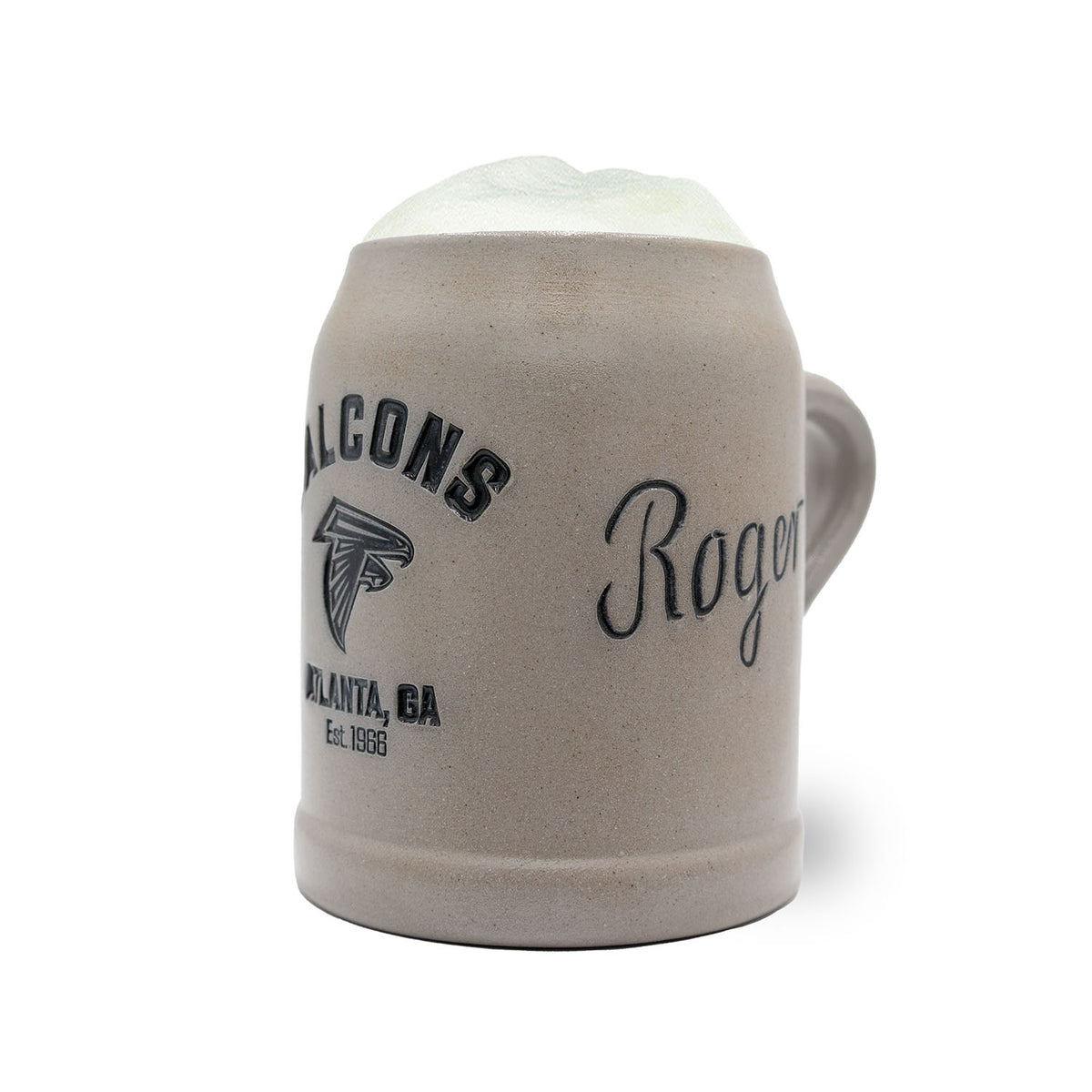 Grauer ®NFL PREMIUM Teamkrug Atlanta Falcons mit Logo, Schriftzug Roger und Schaumrand.