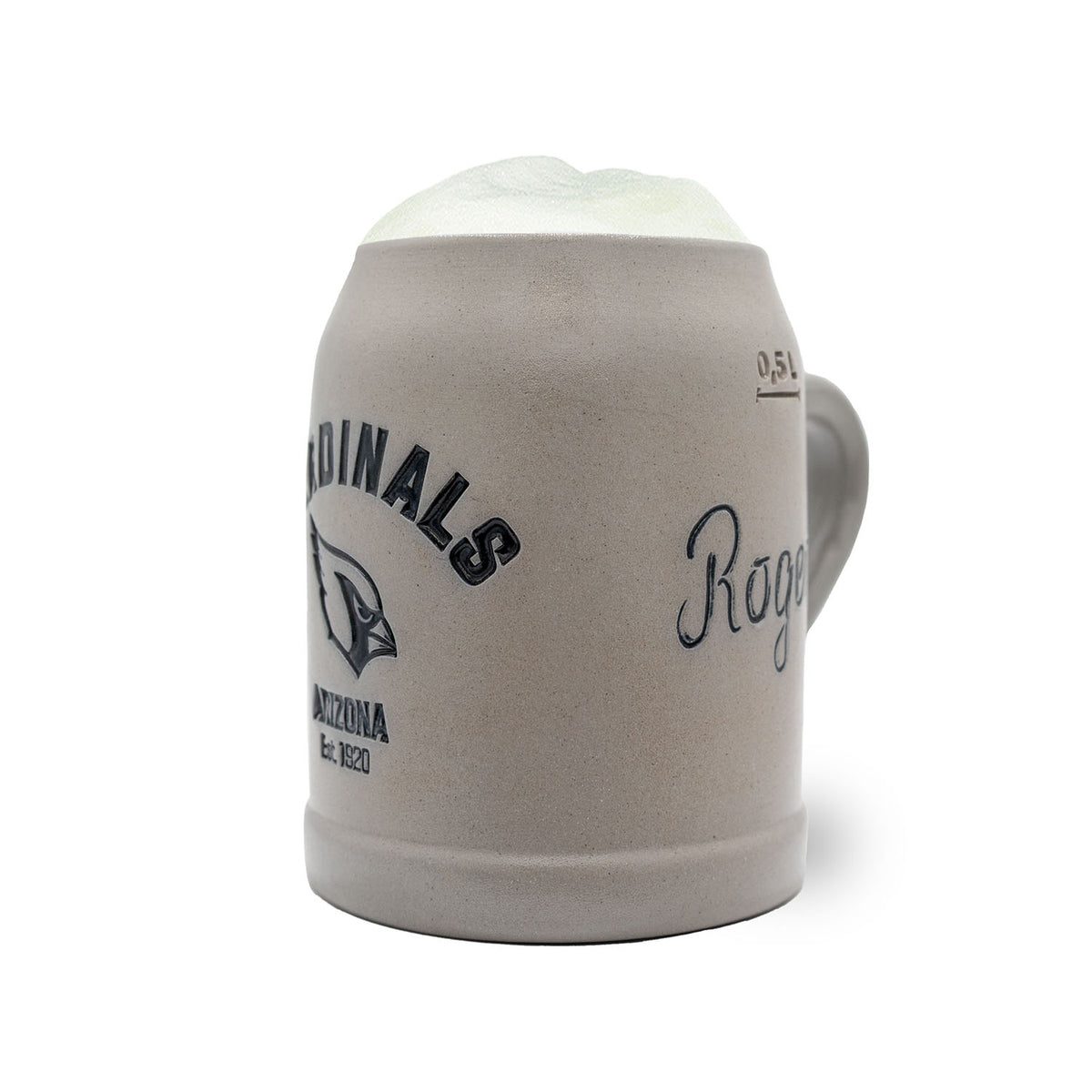 Grauer ®NFL PREMIUM Teamkrug Arizona Cardinals aus Steinzeug mit Schaumkrone, 0,5 Liter Markierung, optimal für Fans.