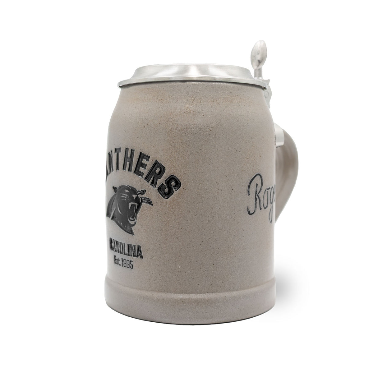 NFL PREMIUM Teamkrug Carolina Panthers, grauer Steinkrug mit schwarzem Panther-Logo und Zinndeckel.