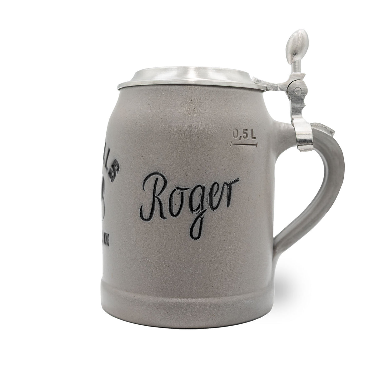 Grauer NFL PREMIUM Teamkrug Cincinnati Bengals aus Steinzeug mit Zinndeckel und eingraviertem "Roger" Schriftzug, 0,5 Liter Markierung.