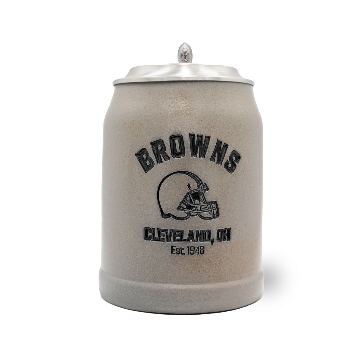 ®NFL PREMIUM Teamkrug Cleveland Browns, grauer Steinzeugkrug mit Browns-Logo und Zinndeckel, Football-Motiv.