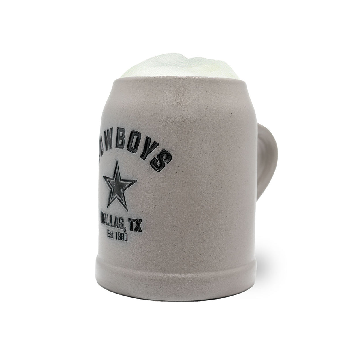 Grauer ®NFL PREMIUM Teamkrug Dallas Cowboys aus Steinzeug mit Schaumkrone, Details und Henkel.