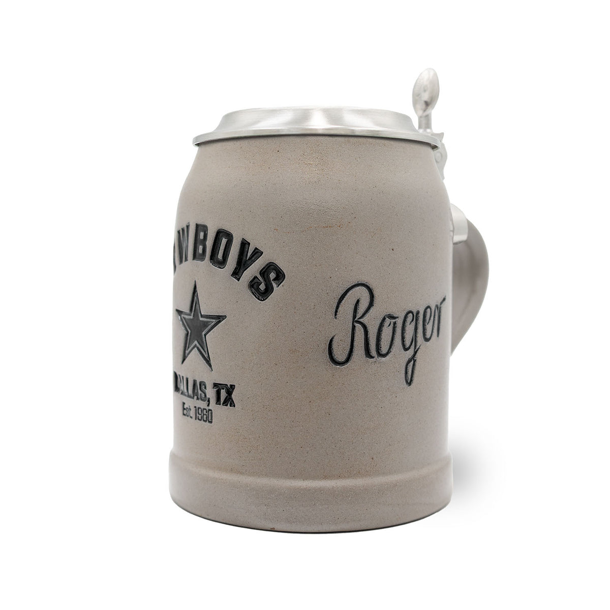 Grauer ®NFL PREMIUM Teamkrug Dallas Cowboys aus Steinzeug mit Zinndeckel und Logo