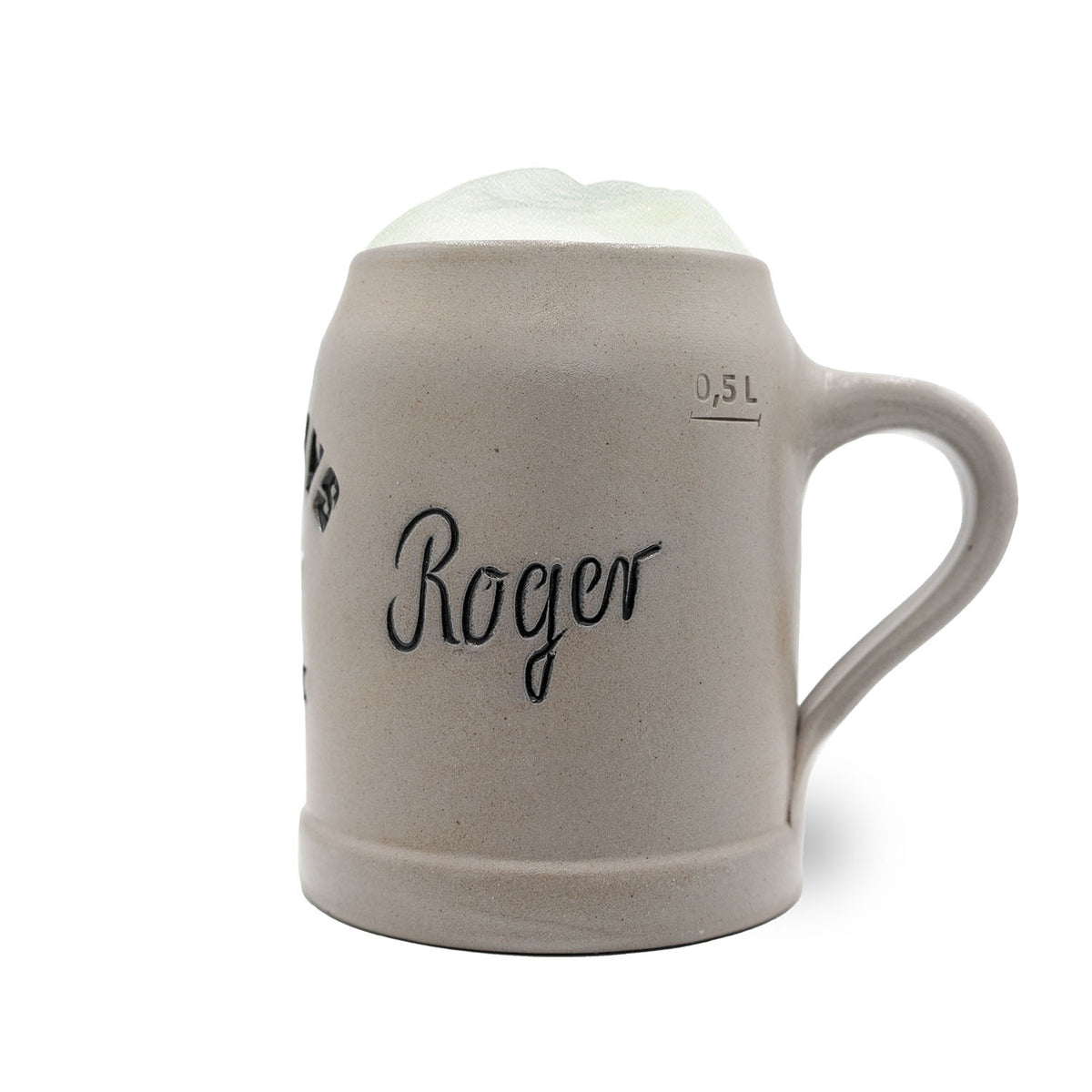 Grauer ®NFL PREMIUM Teamkrug Dallas Cowboys aus Steinzeug mit "Roger"-Gravur und 0,5L Füllstrich.