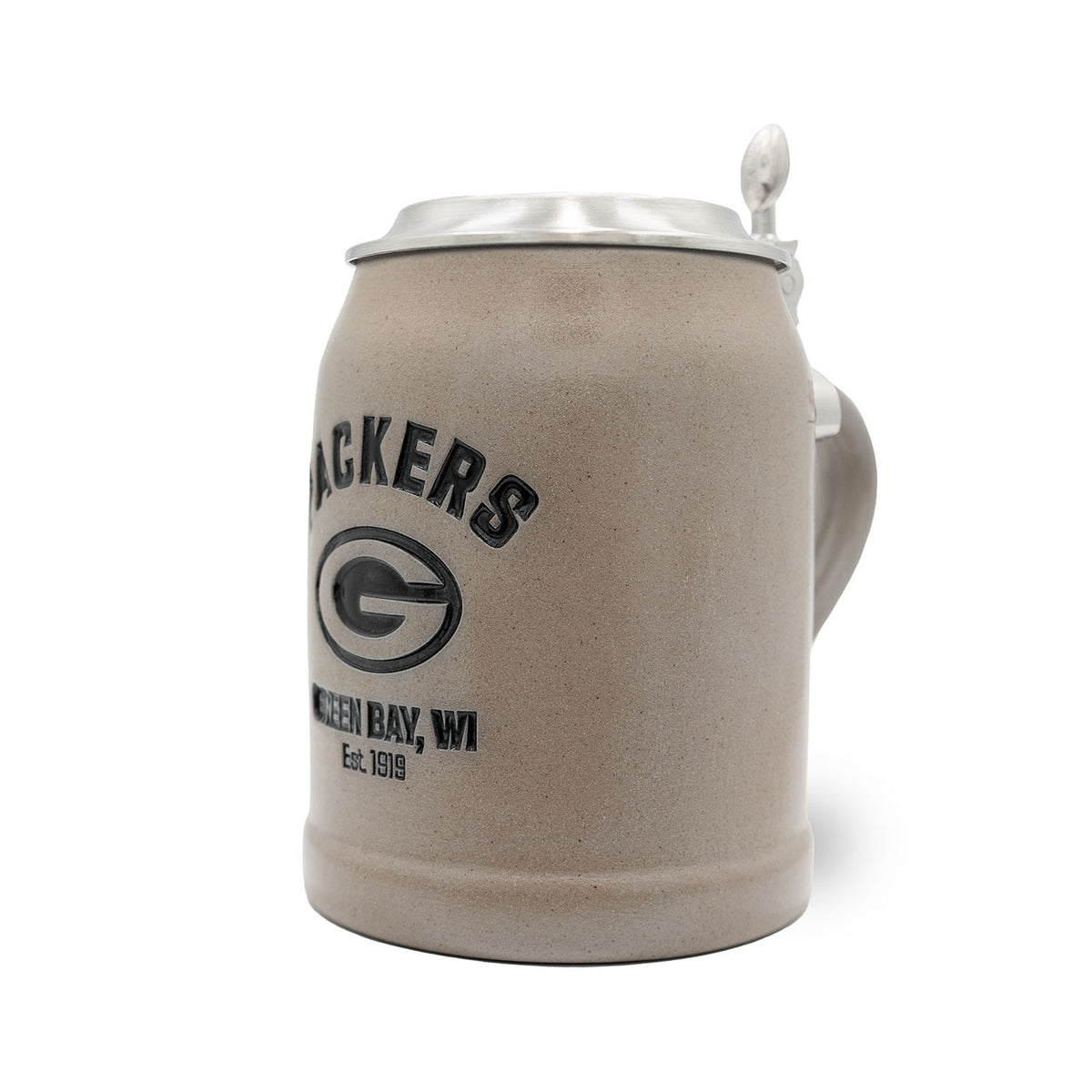 NFL PREMIUM Teamkrug Green Bay Packers, steingrau mit schwarzem Logo, Zinndeckel und Griff