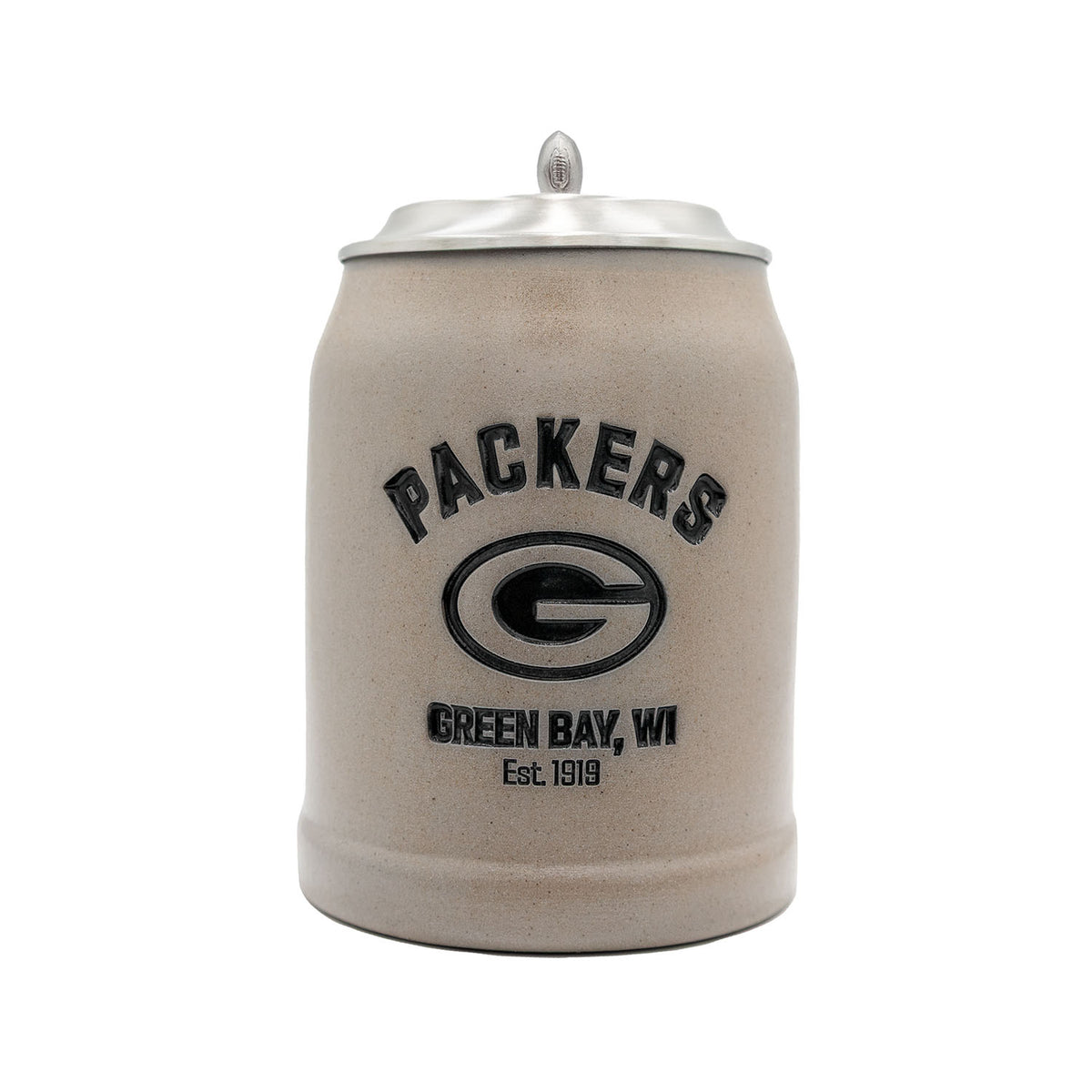Grauer NFL PREMIUM Teamkrug Green Bay Packers aus Steinzeug mit Zinndeckel und Logo-Prägung.