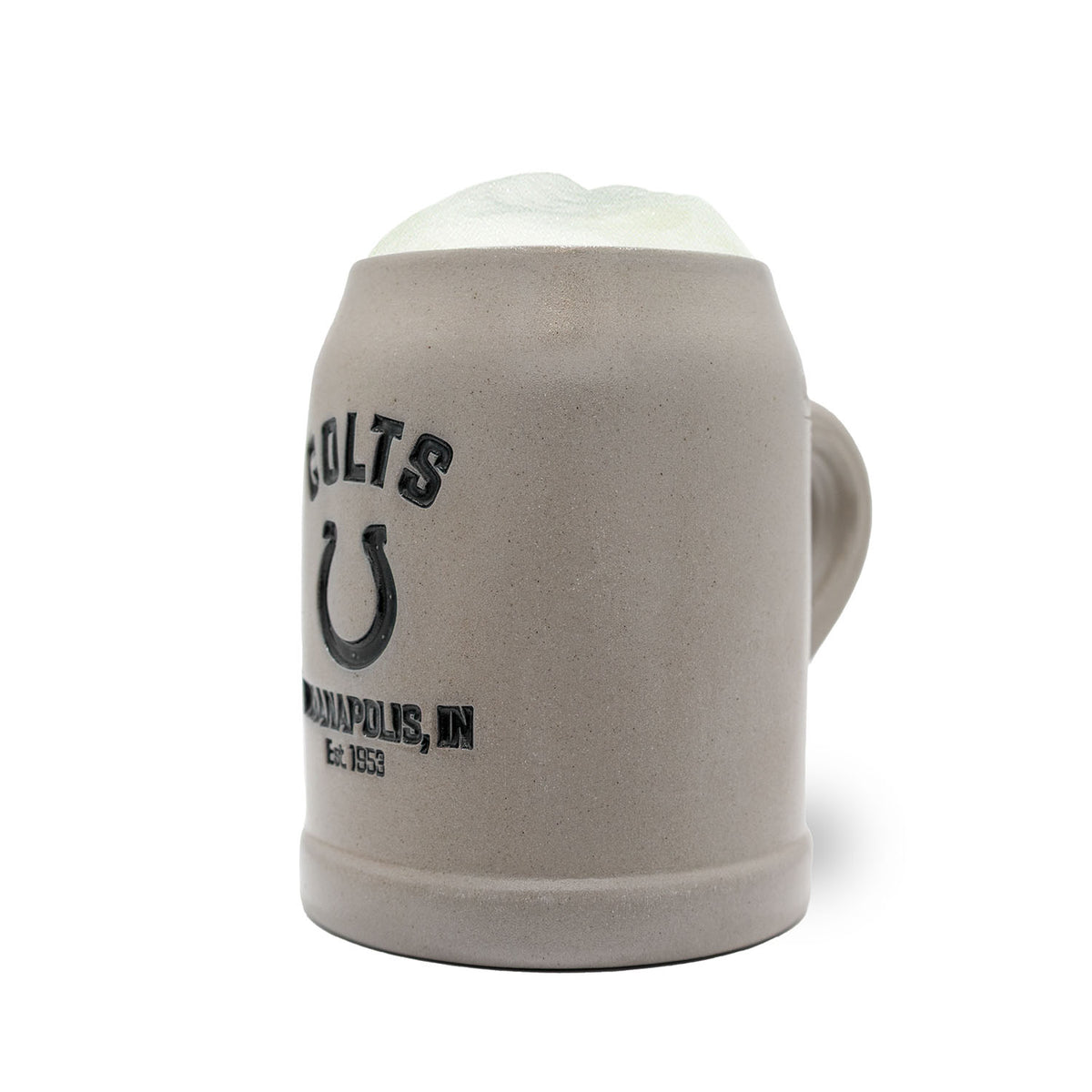 PREMIUM Teamkrug Indianapolis Colts aus grauem Steinzeug mit schwarzem Logo, gefüllt mit Bierschaum.