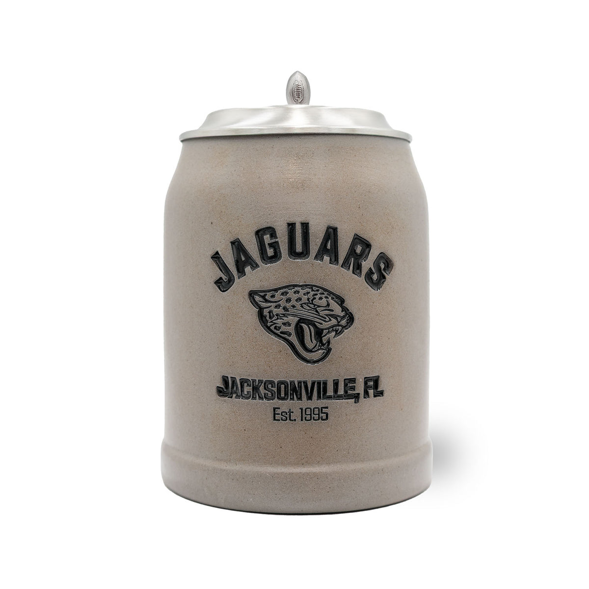 Grauer Steinzeug ®NFL PREMIUM Teamkrug Jacksonville Jaguars mit Wappen und Zinndeckel, Football-Detail