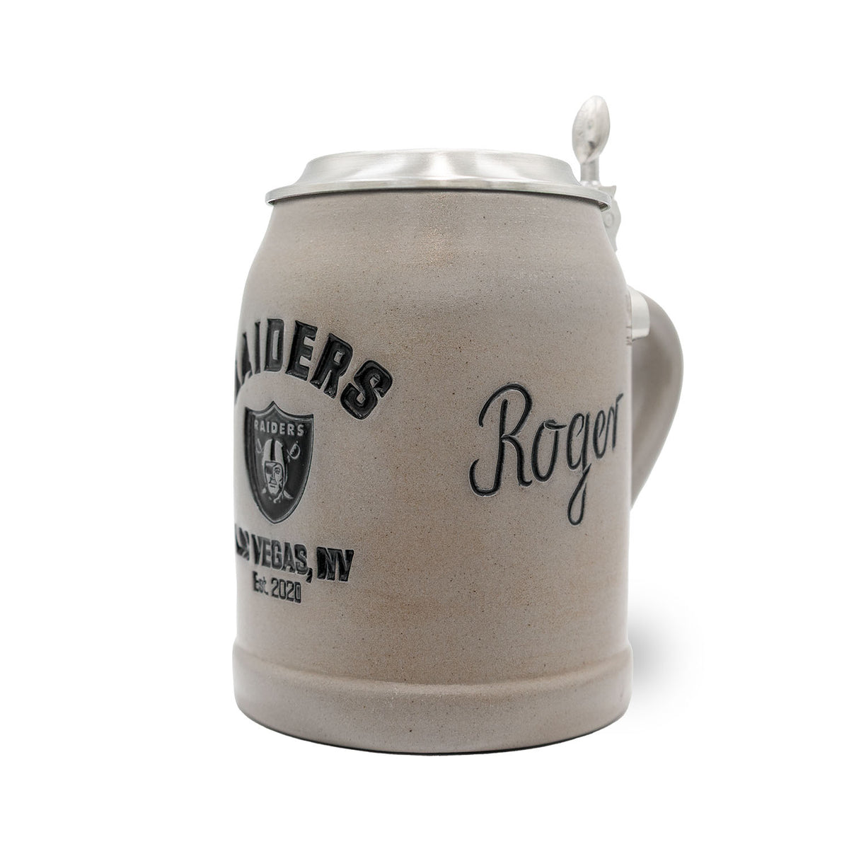 ®NFL PREMIUM Teamkrug Las Vegas Raiders aus grauem Steinzeug mit Logo, Zinndeckel und Gravur Roger