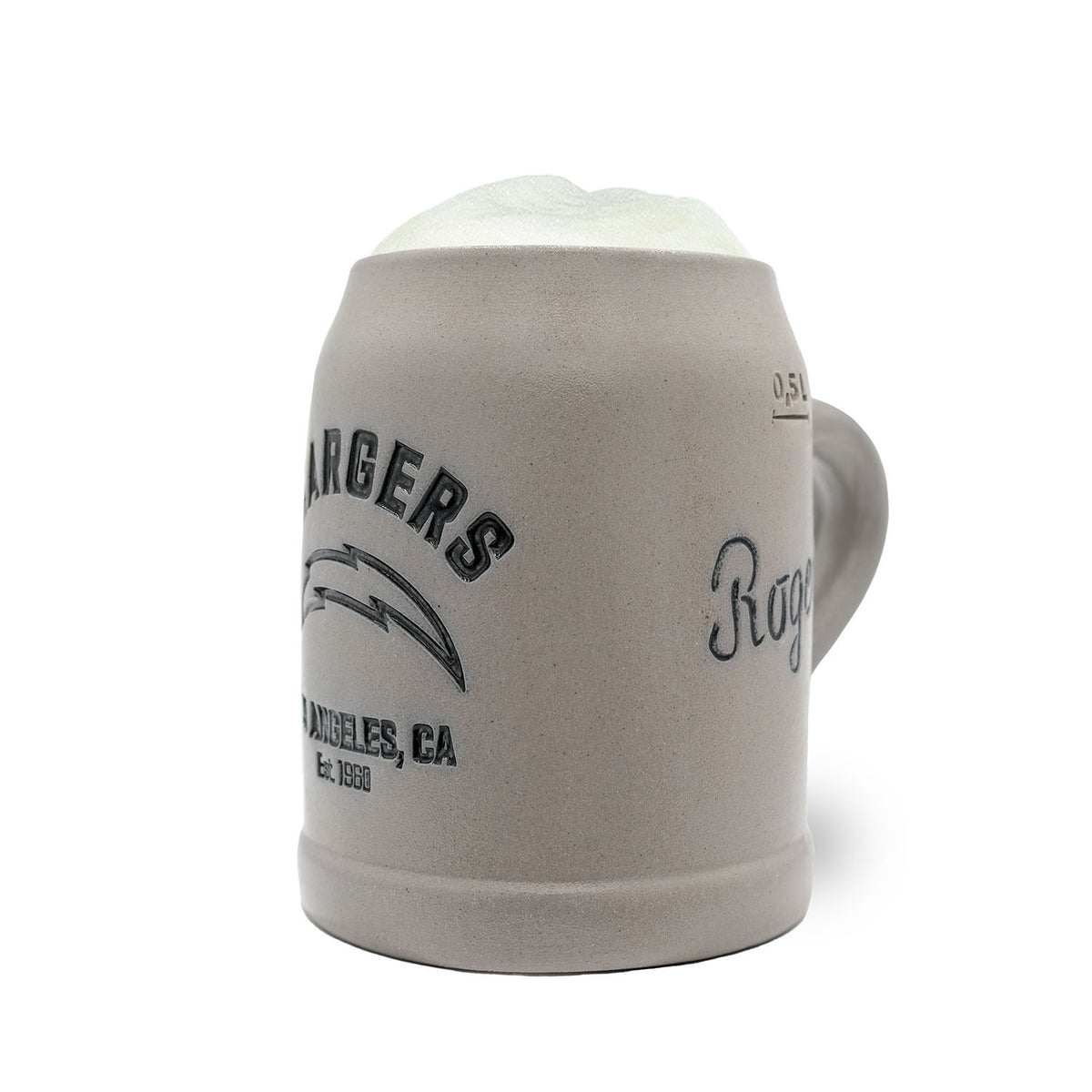 NFL PREMIUM Teamkrug Los Angeles Chargers, grauer Steinkrug mit Logo und 0,5 Liter Füllstrich, Schaumkrone