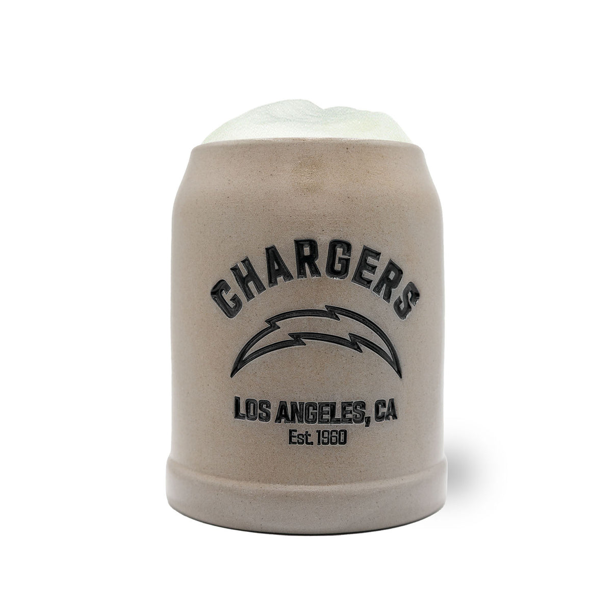 NFL PREMIUM Teamkrug Los Angeles Chargers aus Steinzeug, gefüllt mit Bier und Schaum
