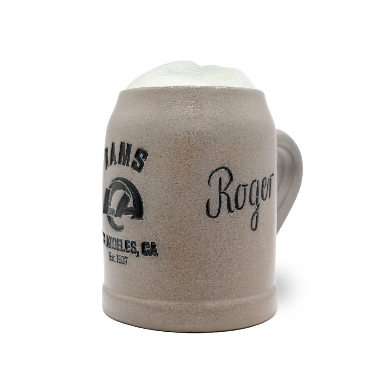 NFL PREMIUM Teamkrug Los Angeles Rams, grauer Steinzeugkrug mit Logo und Schaumkrone, Sammlerstück