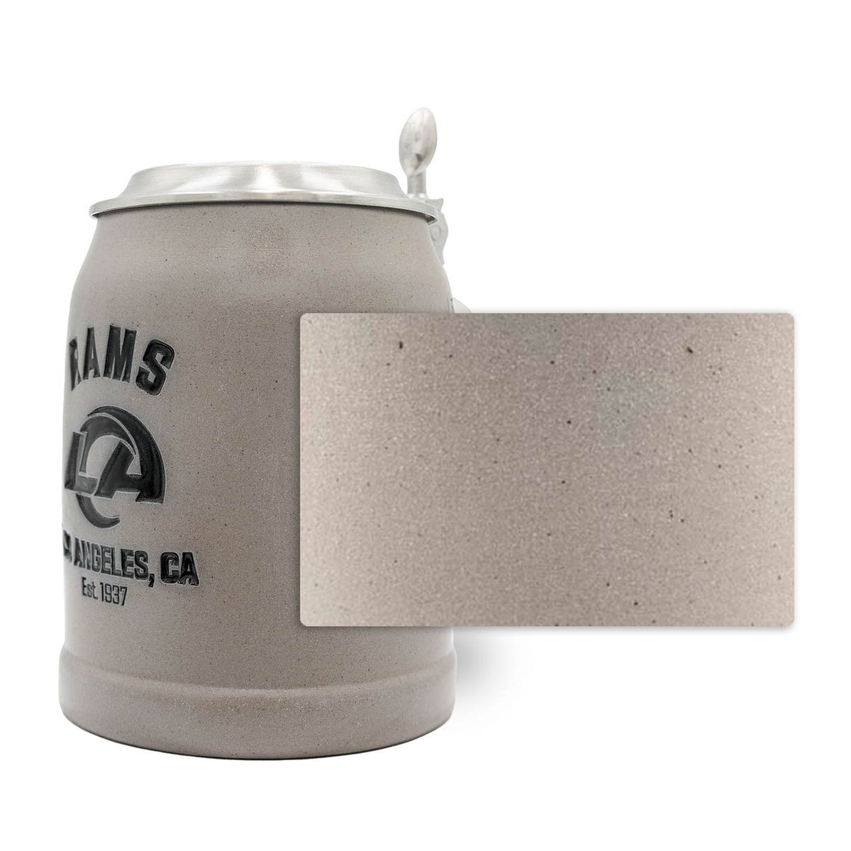 NFL PREMIUM Teamkrug Los Angeles Rams, grauer Steinzeugkrug mit Zinn-Deckel und Rams-Logo