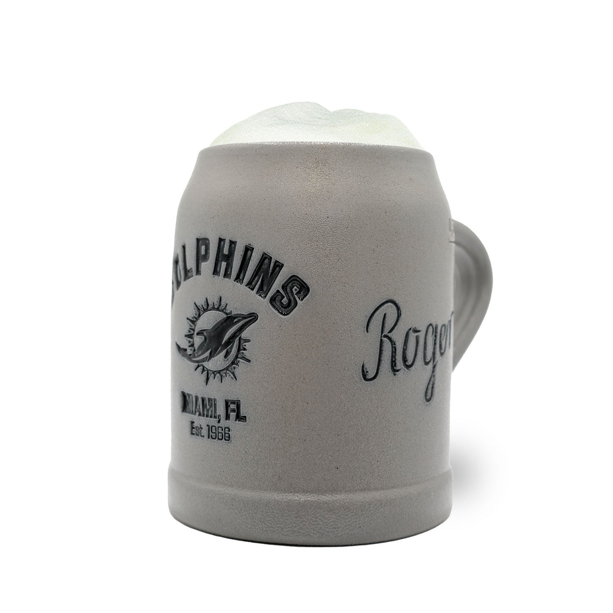 Grauer NFL PREMIUM Teamkrug Miami Dolphins mit weißem Schaum, Logo und Miami, FL Est. 1966 Schriftzug.