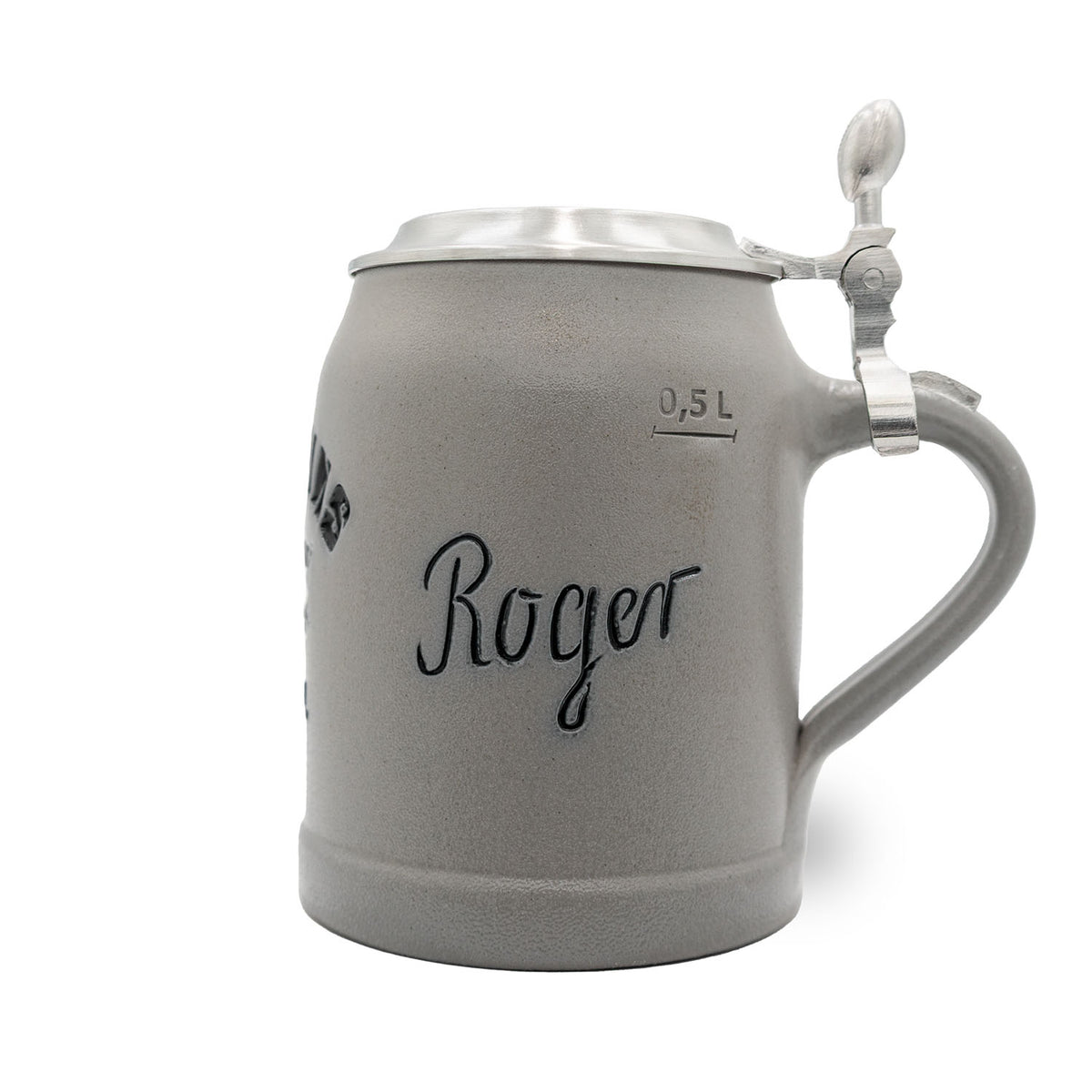 Grauer ®NFL PREMIUM Teamkrug Miami Dolphins mit Zinndeckel und 0,5 Liter Markierung, Gravur "Roger".