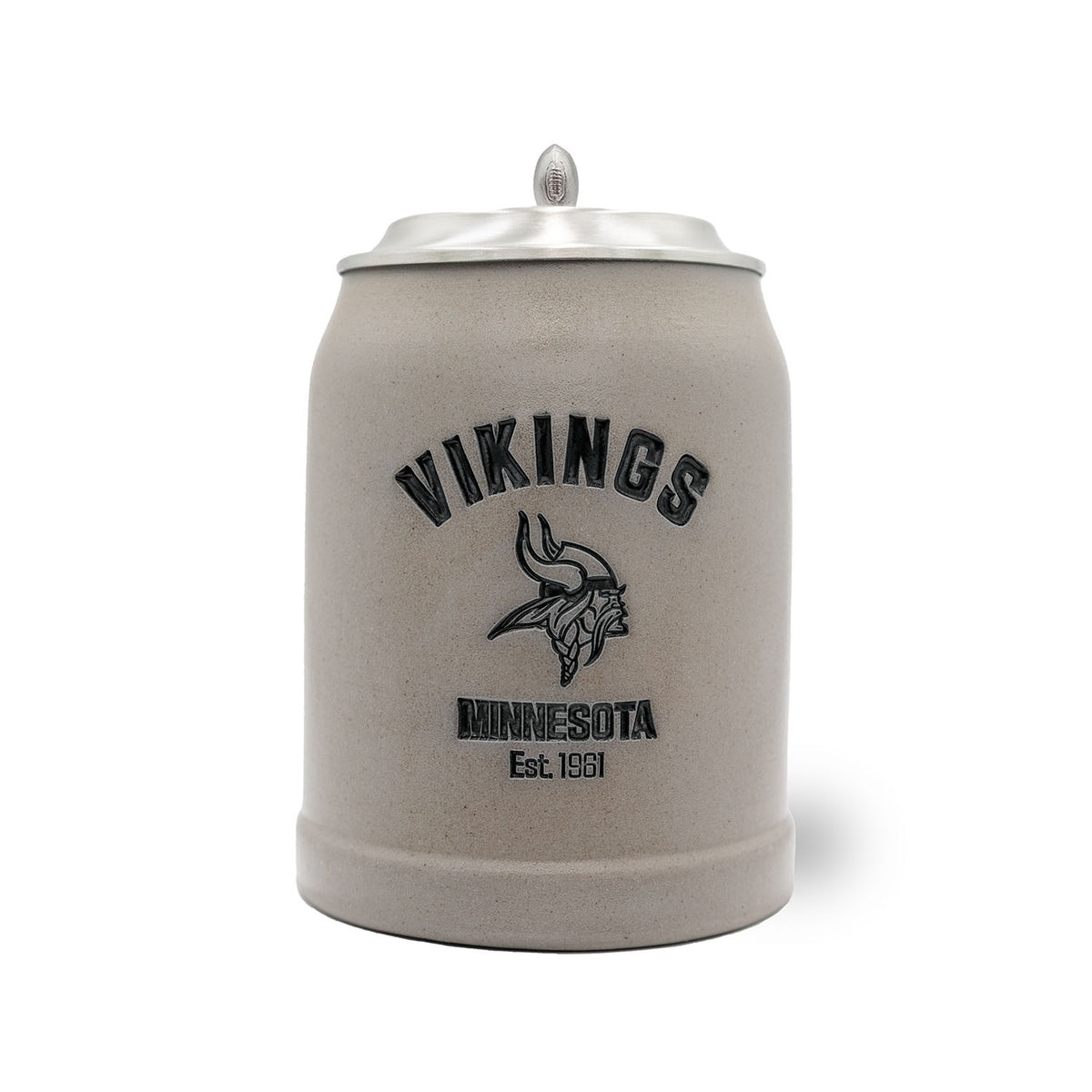 NFL PREMIUM Teamkrug Minnesota Vikings aus grauem Steinzeug mit Zinndeckel und Football-Griff