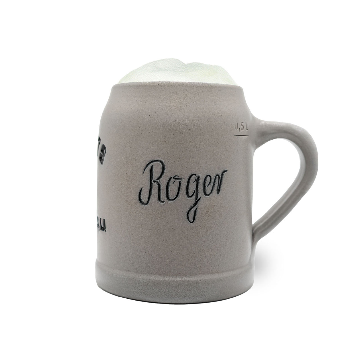 Grauer NFL PREMIUM Teamkrug New Orleans Saints mit hellem Bierschaum, Aufschrift "Roger" und 0,5l Markierung.