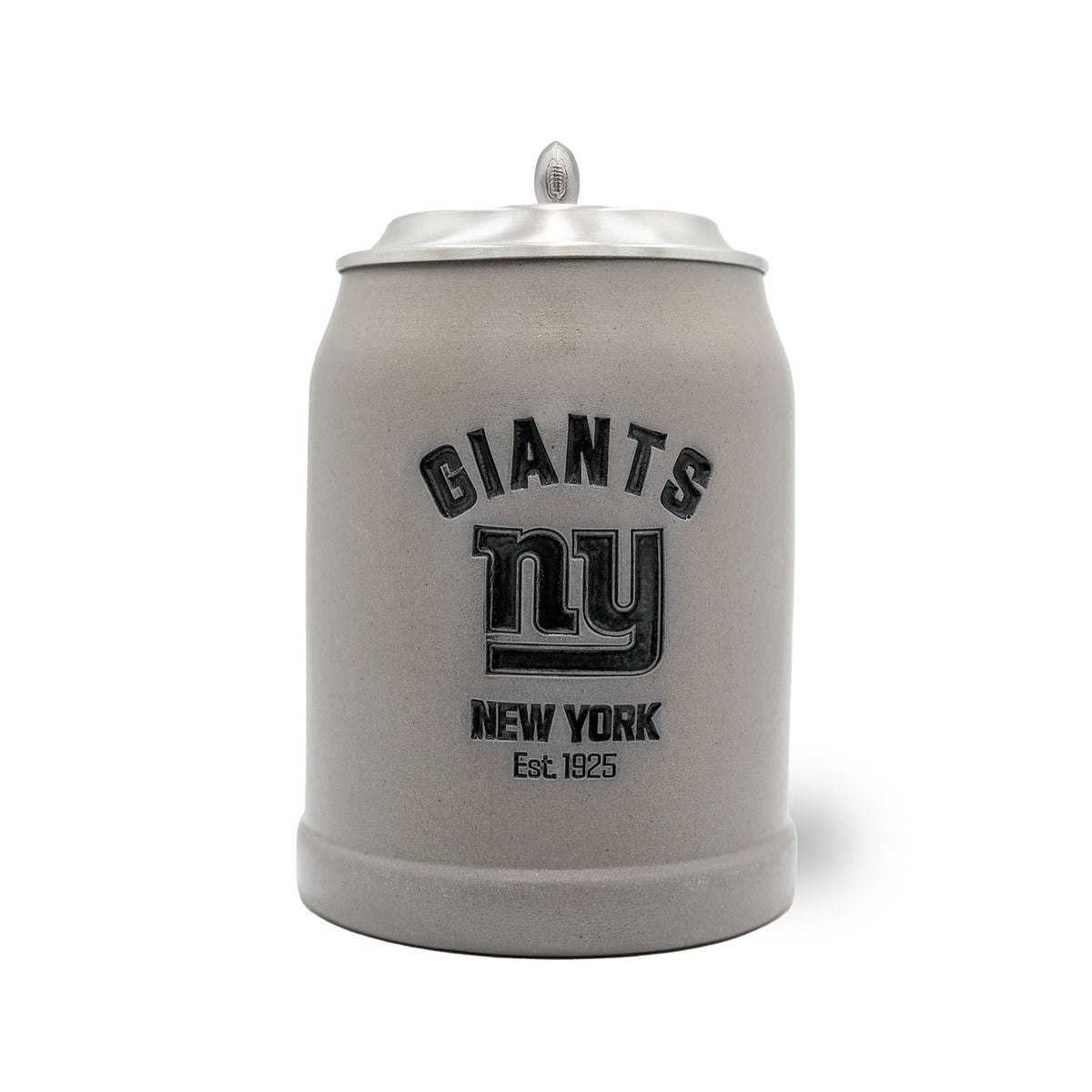 NFL PREMIUM Teamkrug New York Giants, grauer Steinkrug mit schwarzem Logo und Zinndeckel mit Football-Knauf.