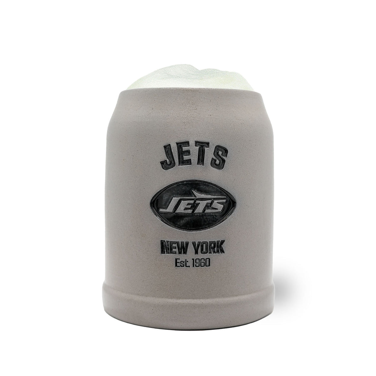 NFL PREMIUM Teamkrug New York Jets aus grauem Steinzeug mit detailliertem Jets Logo und Schriftzug.
