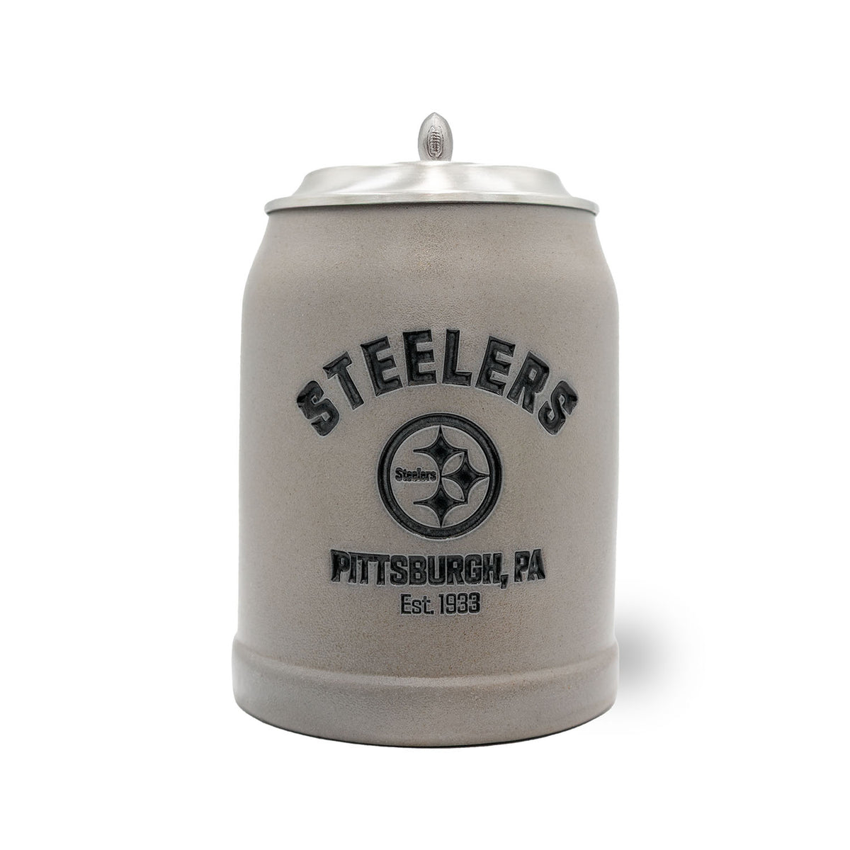 ®NFL PREMIUM Teamkrug Pittsburgh Steelers, grauer Steinzeugkrug mit Logo, Schriftzug und Zinndeckel mit Football-Applikation.