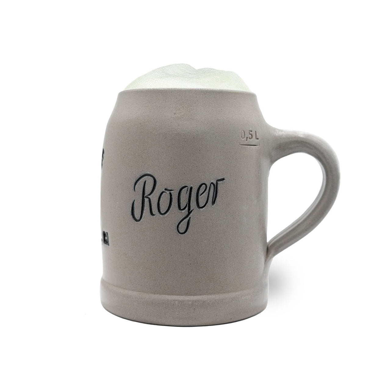 Grauer NFL PREMIUM Teamkrug San Francisco 49ers mit "Roger" Schriftzug und Schaumkrone, 0,5L Füllstrich.