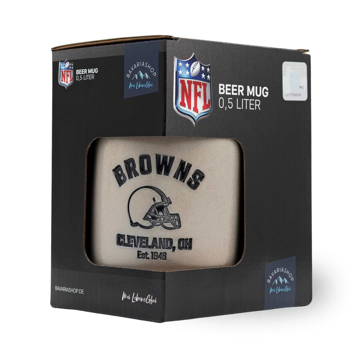 NFL PREMIUM Teamkrug Cleveland Browns in schwarzer Verpackung mit Sichtfenster. Krug mit Browns Logo, Cleveland, OH und Est. 1946 Schriftzug.