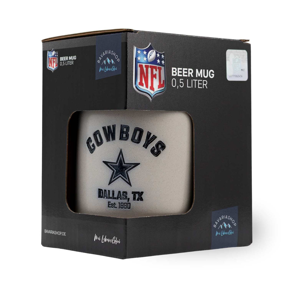 ®NFL PREMIUM Teamkrug Dallas Cowboys im Karton, graue Steinzeugkrug mit blauem Logo und Stern.