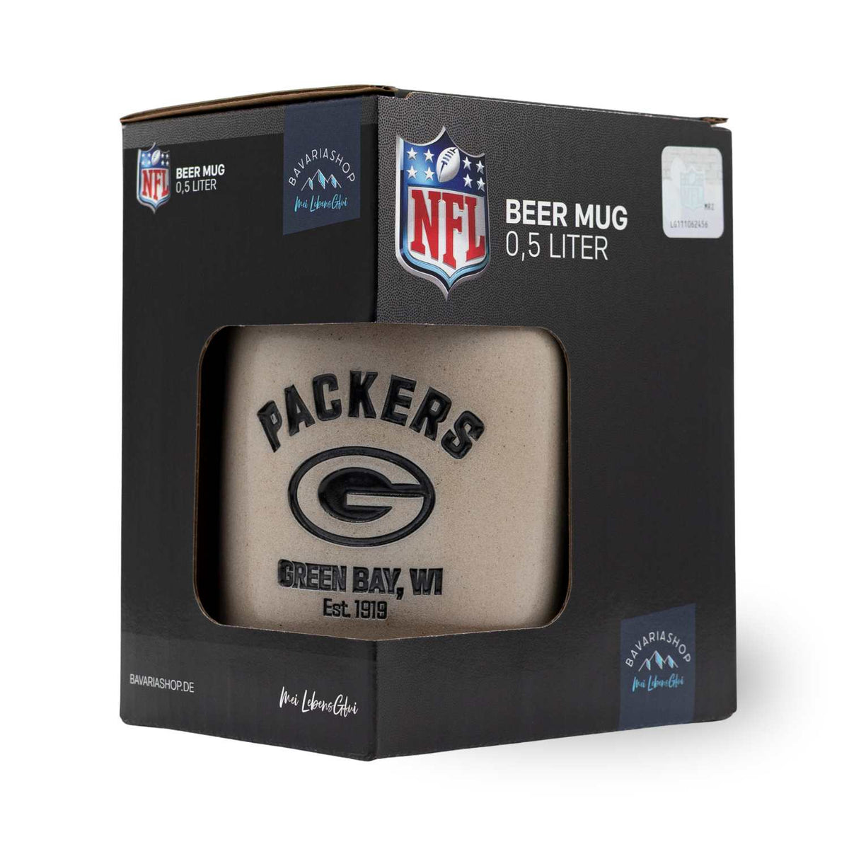 NFL PREMIUM Teamkrug "Green Bay Packers" im Karton, sandfarben mit schwarzem Logo, 0,5 Liter Fassungsvermögen
