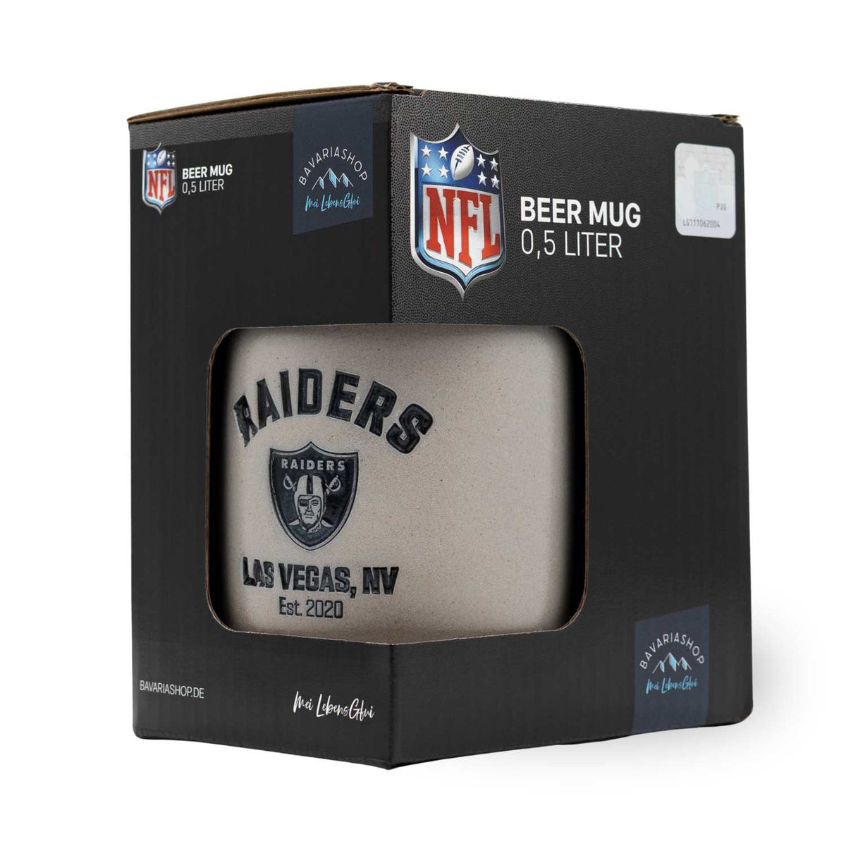 NFL Premium Teamkrug Las Vegas Raiders in Geschenkverpackung, grauer Bierkrug mit Raiders Logo und Schriftzug.