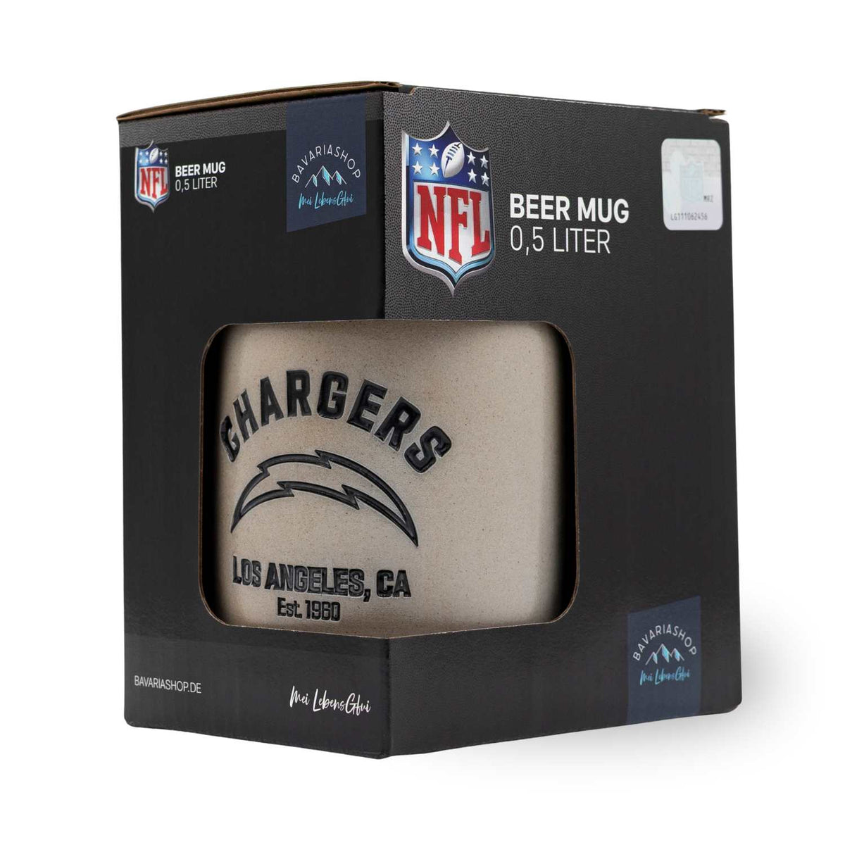 NFL PREMIUM Teamkrug Los Angeles Chargers in Geschenkbox, sportlicher Bierkrug 0,5 Liter mit Chargers Logo.