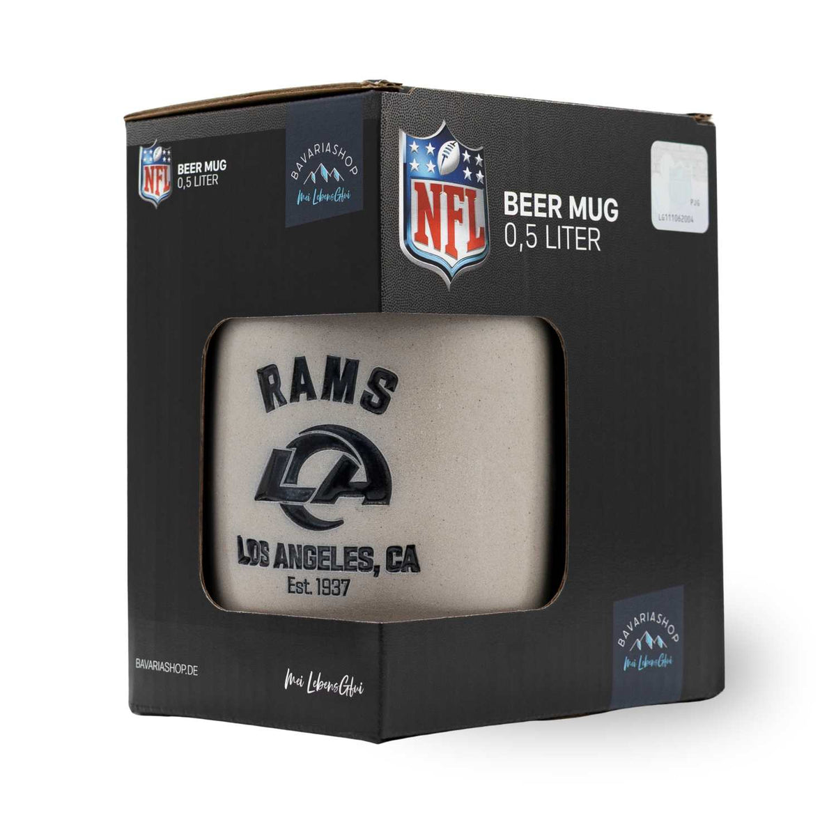 NFL PREMIUM Teamkrug Los Angeles Rams im Karton, graues Steinzeug mit schwarzem Rams Logo.