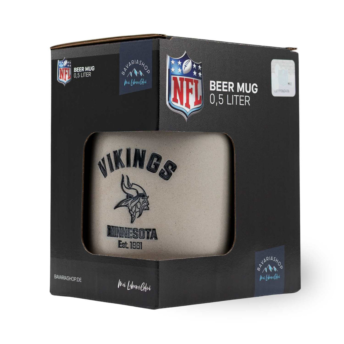 Premium NFL Teamkrug Minnesota Vikings in Geschenkverpackung, grauer Bierkrug mit schwarzem Wikinger-Logo.