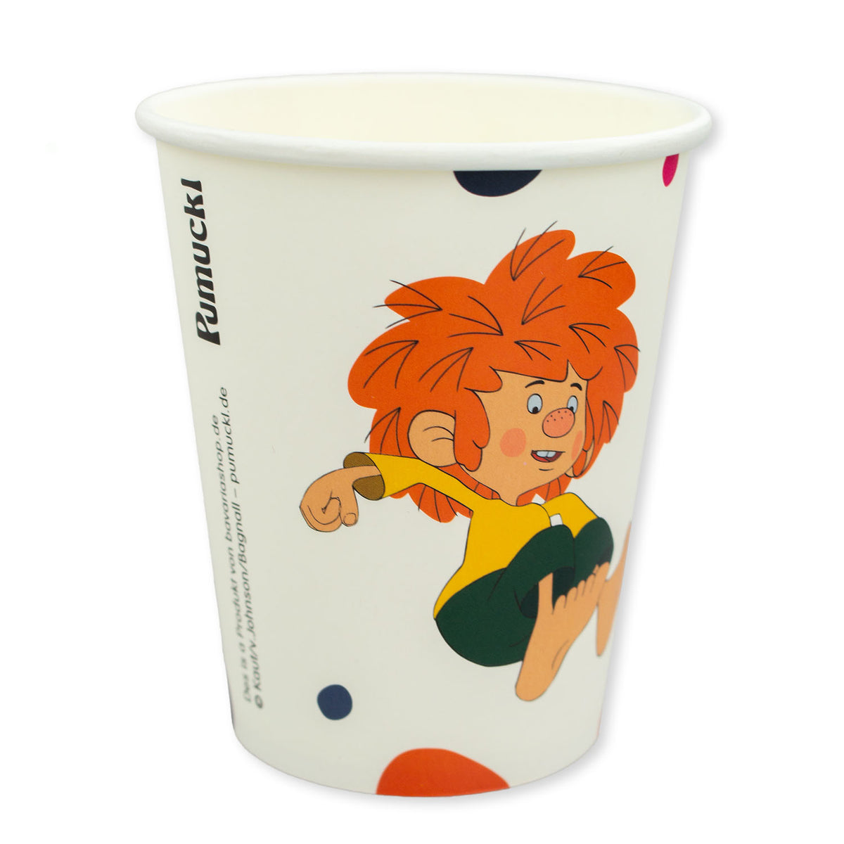 Pumuckl Pappbecher aus dem Kinder Partyset mit Pumuckl-Motiv und bunten Punkten