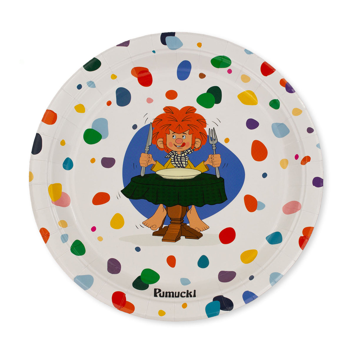 Pumuckl Pappteller aus dem Partyset mit Pumuckl-Motiv und bunten Punkten