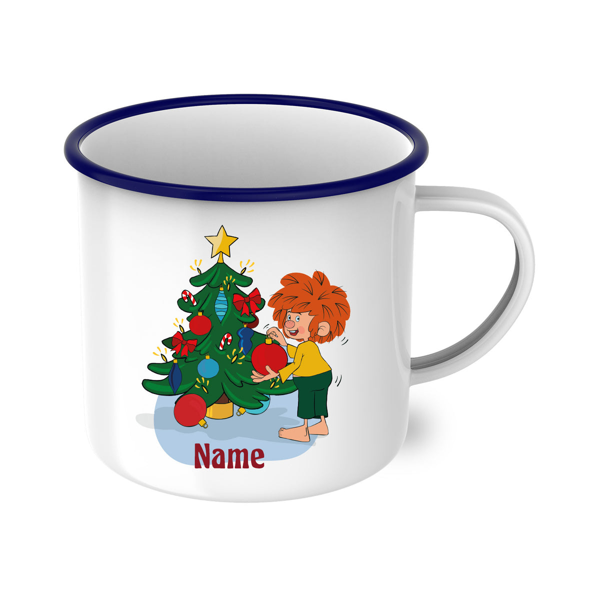 ®Pumuckl Emaille-Tasse Weihnachten personalisierbar, weiß mit blauem Rand, Motiv Pumuckl schmückt Weihnachtsbaum