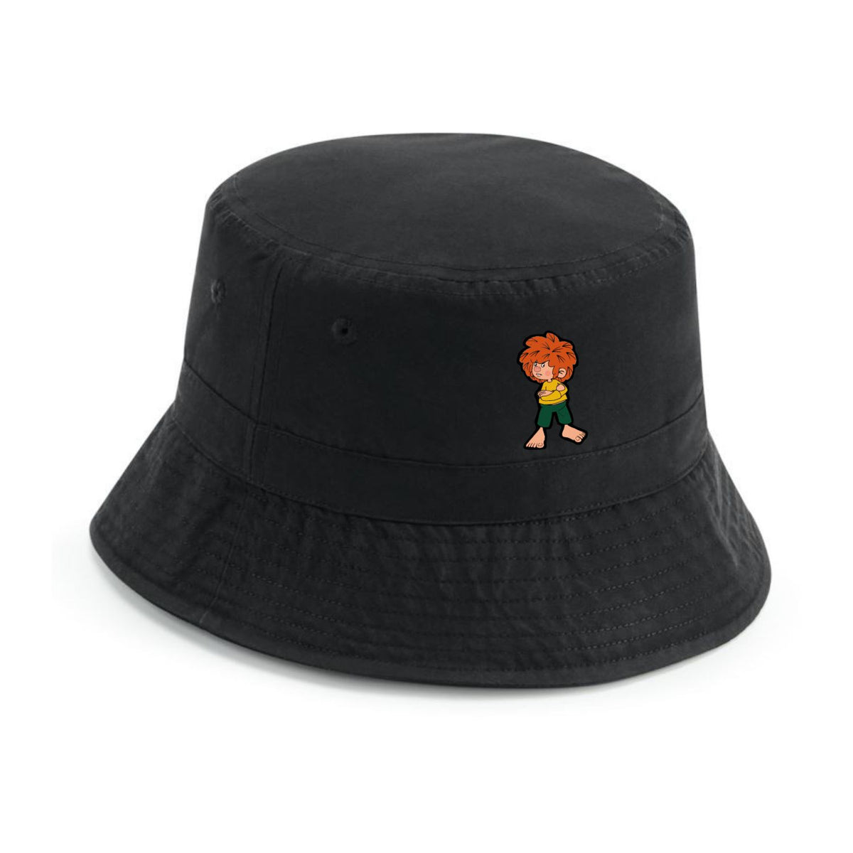 Pumuckl Fischerhut Grantla in Schwarz, Vorderseite mit aufgenähtem Weblabel des grantigen Kobolds