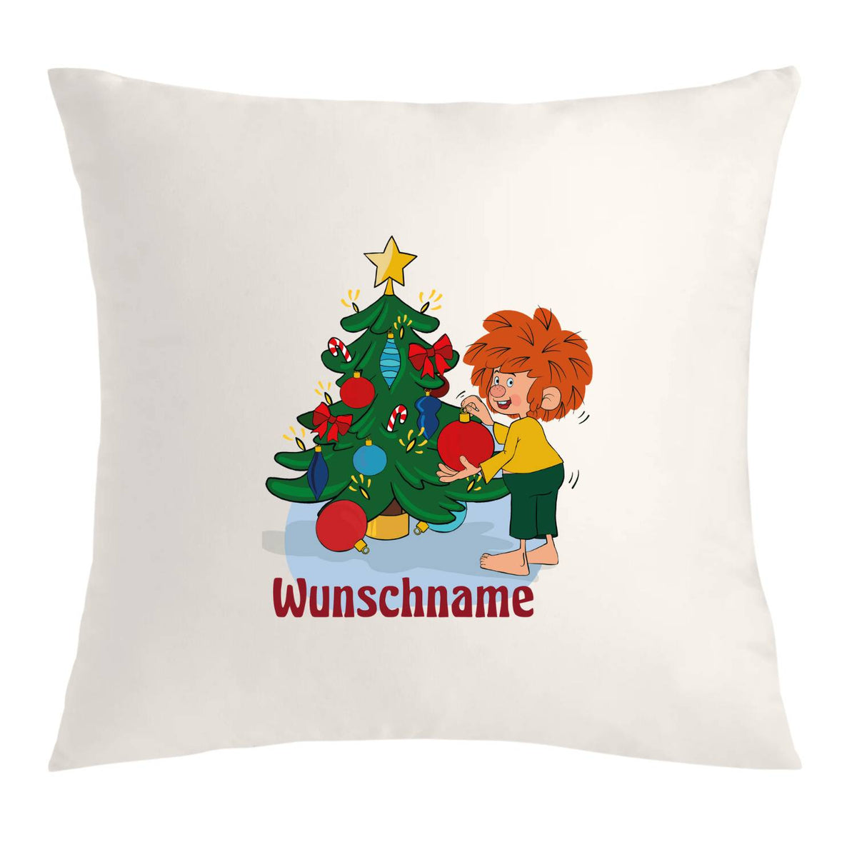 ®Pumuckl Kuschelkissen "Weihnachten" personalisiert mit Kobold und geschmücktem Christbaum.
