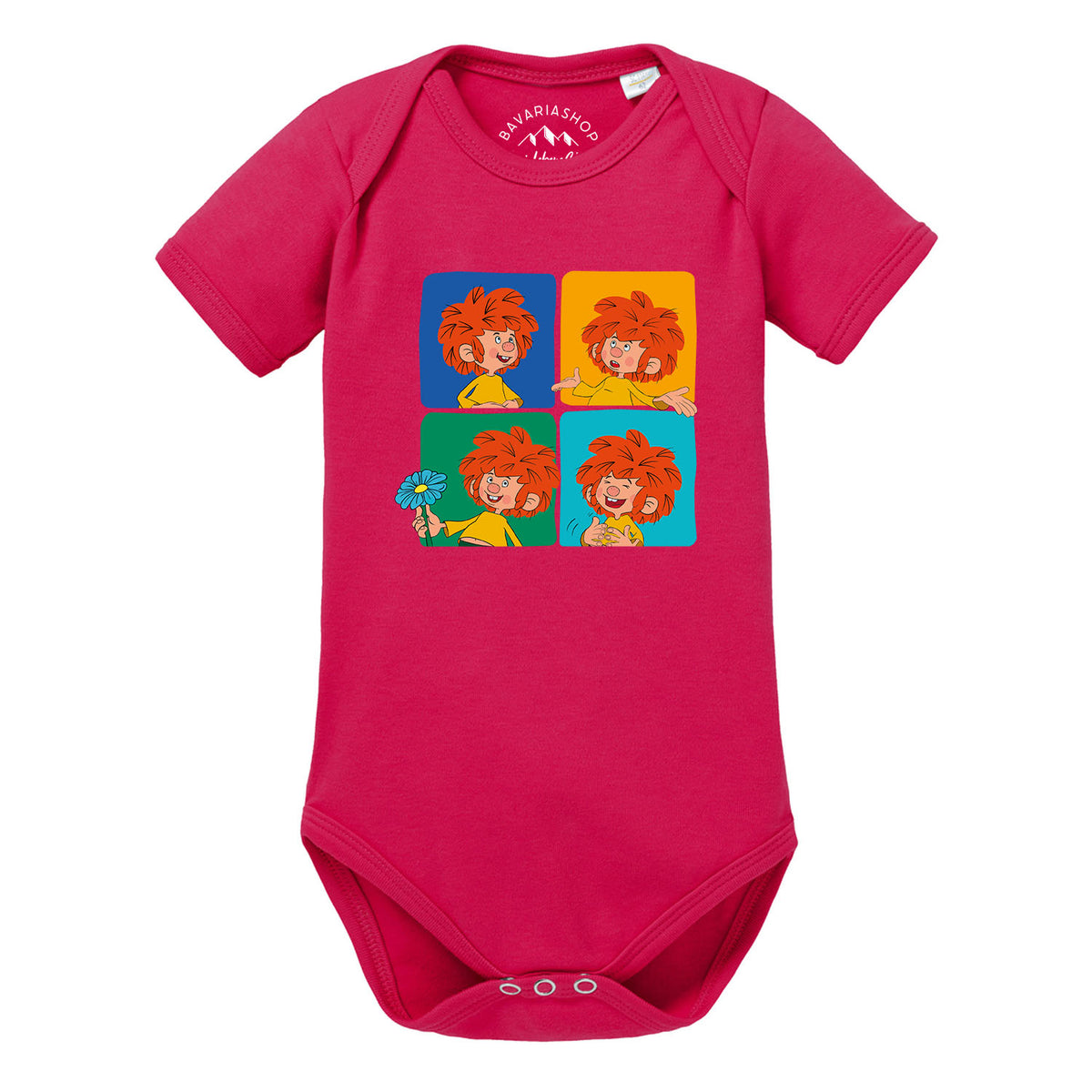Pinker Pumuckl Baby-Body Meisterwerk mit vier bunten Comic-Darstellungen des Pumuckls, kurzarm, weiche Baumwolle