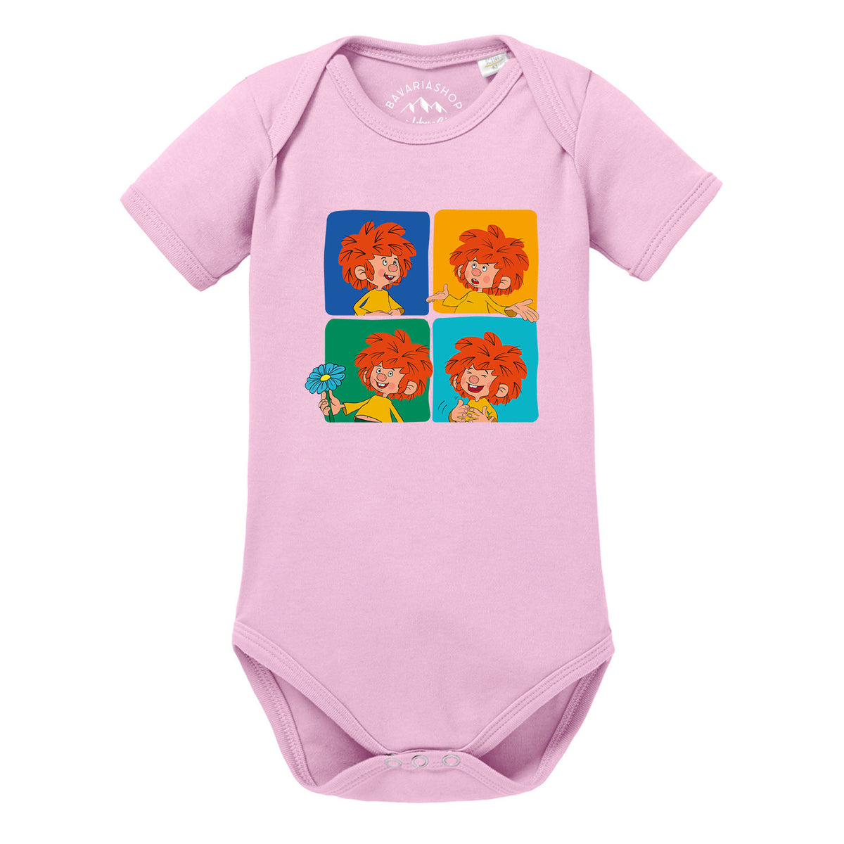 Pumuckl Baby-Body "Meisterwerk" in Rosa mit verschiedenen Pumuckl-Gesichtern auf bunten Quadraten