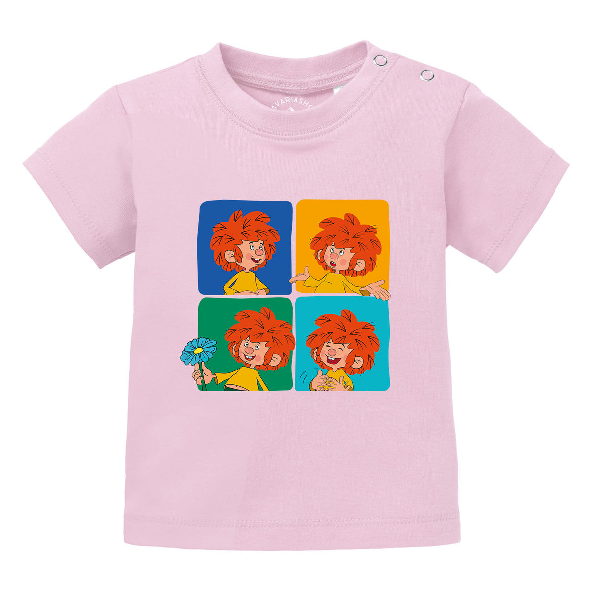 Baby T-Shirt "Meisterwerk" in Rosa mit vier bunten Pumuckl-Motiven und Druckknöpfen an der Schulter.