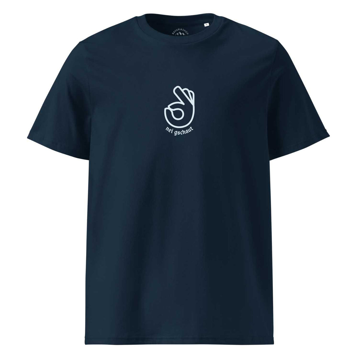 Dunkelblaues Herren T-Shirt "Nei gschaut" mit weißem bayerischen Handzeichen-Motiv und Schriftzug.