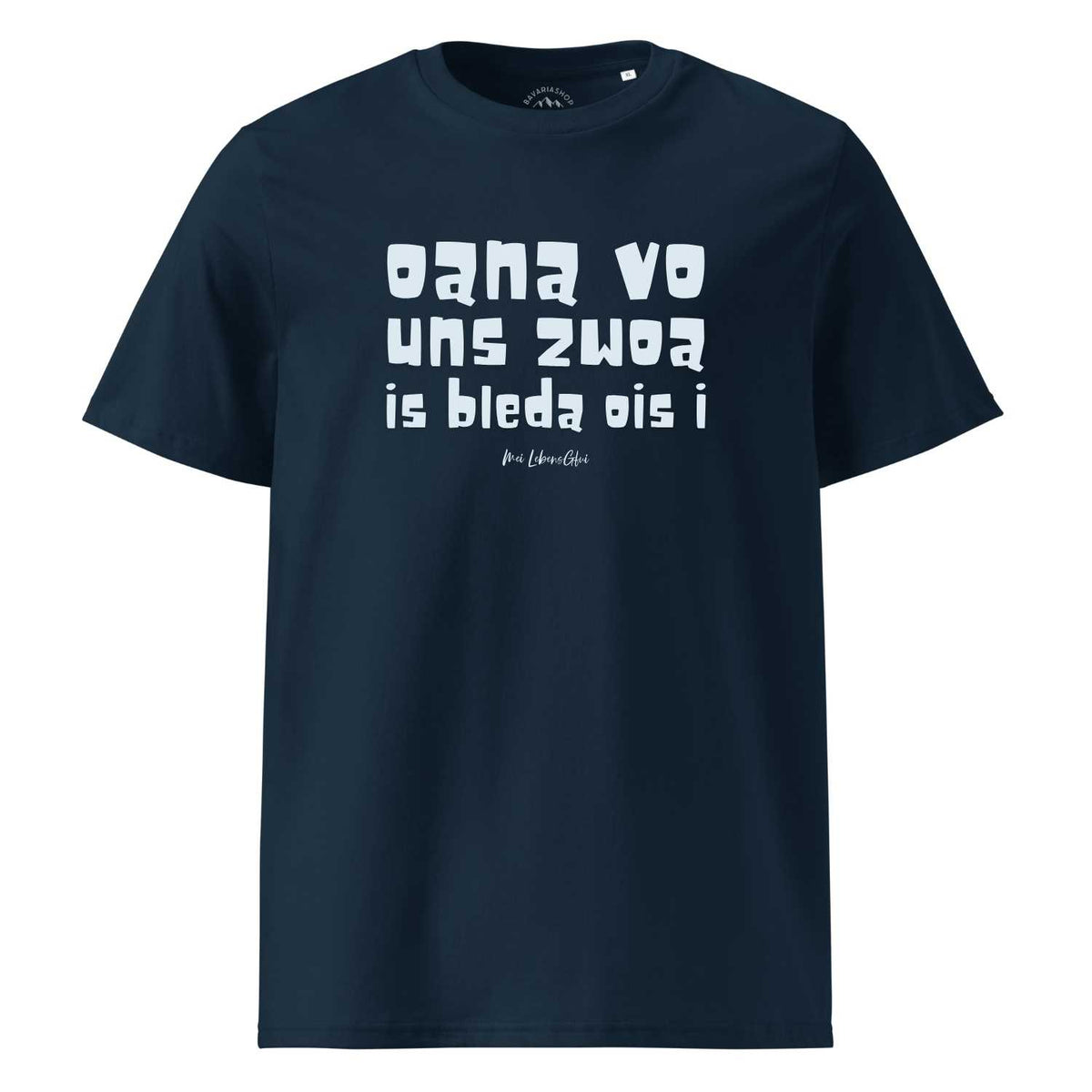 Dunkelblaues Herren T-Shirt "Oana vo uns zwoa" mit weißem bayerischen Spruch auf der Brust.