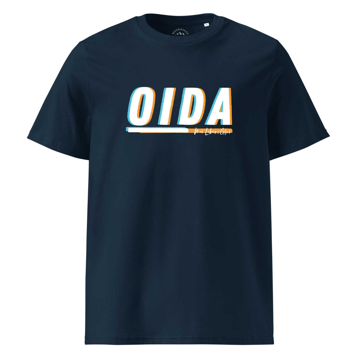 Dunkelblaues Herren T-Shirt Oida mit weißem, orange-blau hinterlegtem "OIDA"-Schriftzug auf der Brust.
