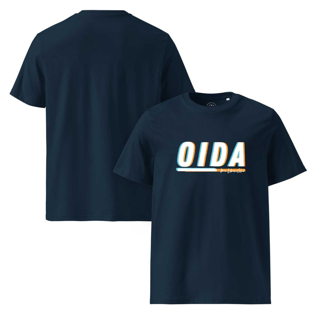 Dunkelblaues Herren T-Shirt "Oida", Vorder- und Rückseite, mit stilisiertem, buntem Schriftzug auf der Brust.