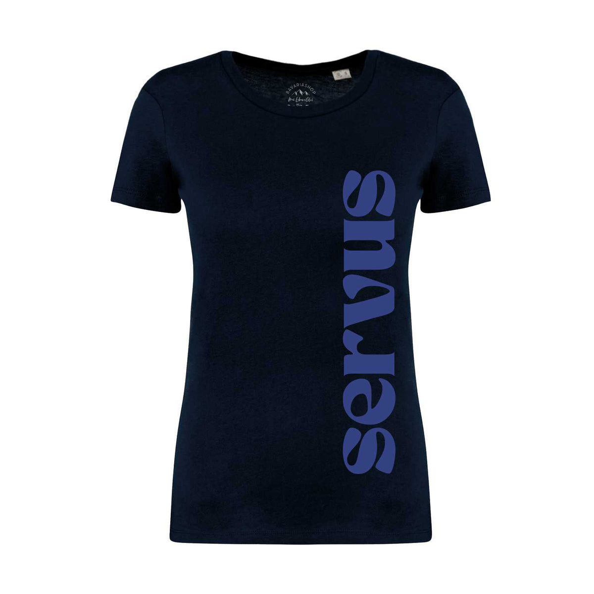 Damen T-Shirt Servus in Marineblau mit vertikalem, lila "Servus"-Schriftzug, kurzärmelig, taillierter Schnitt