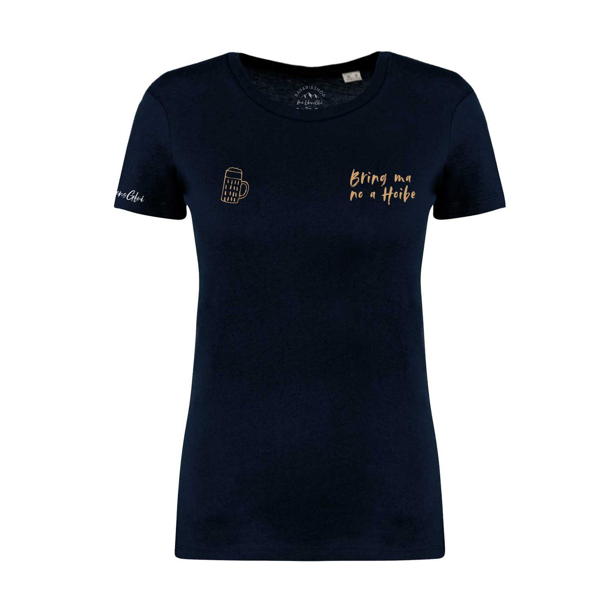 Dunkelblaues Damen T-Shirt "Bring ma no a Hoibe" mit goldener Bierkrug-Stickerei und Schriftzug.