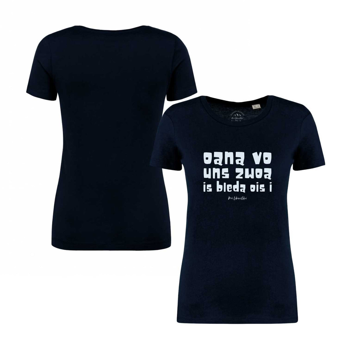 Damen T-Shirt Oana vo uns zwoa in Dunkelblau mit weißem Spruchprint, Vorder- und Rückseitenansicht.